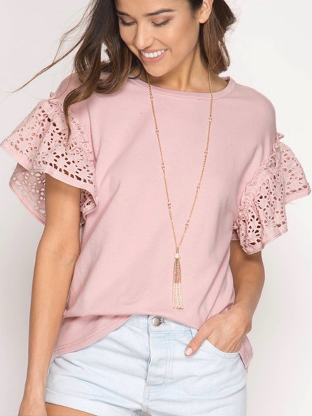 She + Sky Dusty Pink Eyelet Ruffle Sleeve Tee Large
